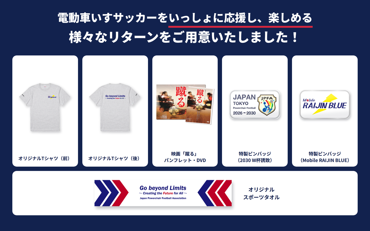 電動車いすサッカーをいっしょに応援し、楽しめる様々なリターンをご用意いたしました！ オリジナルTシャツ、映画「蹴る」パンフレット・DVD、特製ピンバッジ（2030 W杯誘致／Mobile RAIJIN BLUE）、オリジナルスポーツタオル。